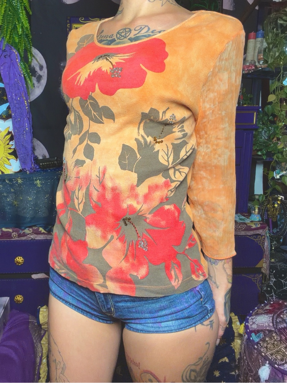 Vintage Beaded Caribbean Joe Orange Hibiscus Beachy Mesh Top